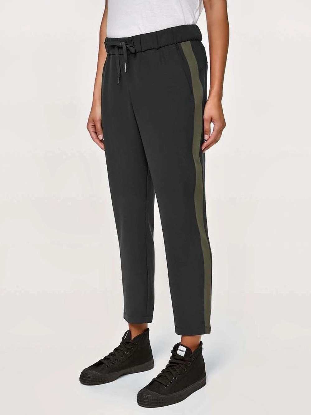 LULULEMON ON THE FLY PANT WOVEN TRACK STRIPE – BLACK / DARK OLIVE - SIZE 10